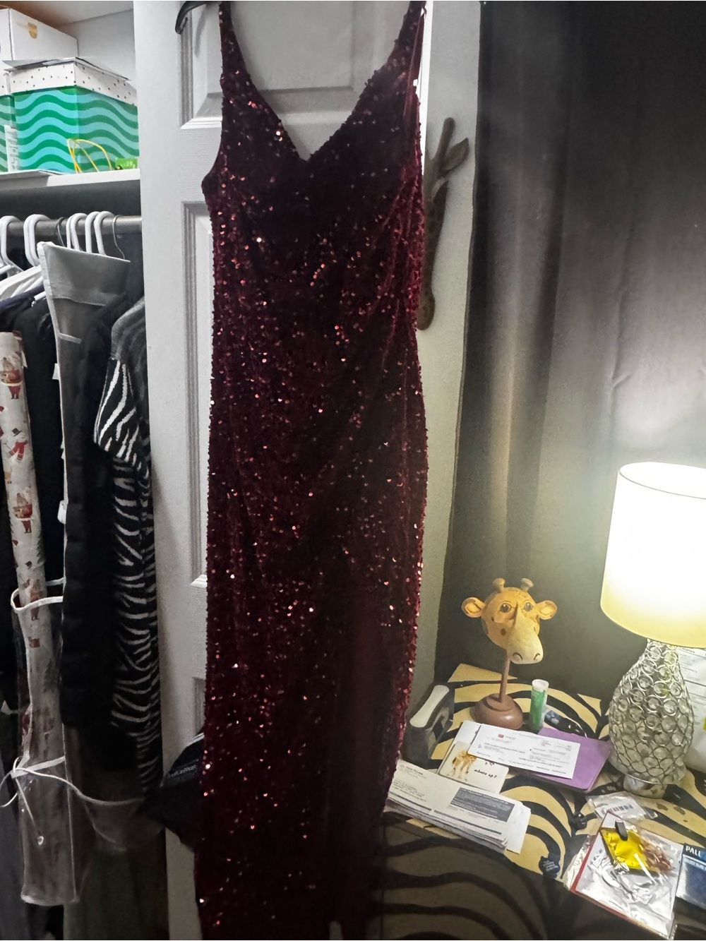 Sequin Velvet Burgundy Slip Dress - Women's Evening Dress